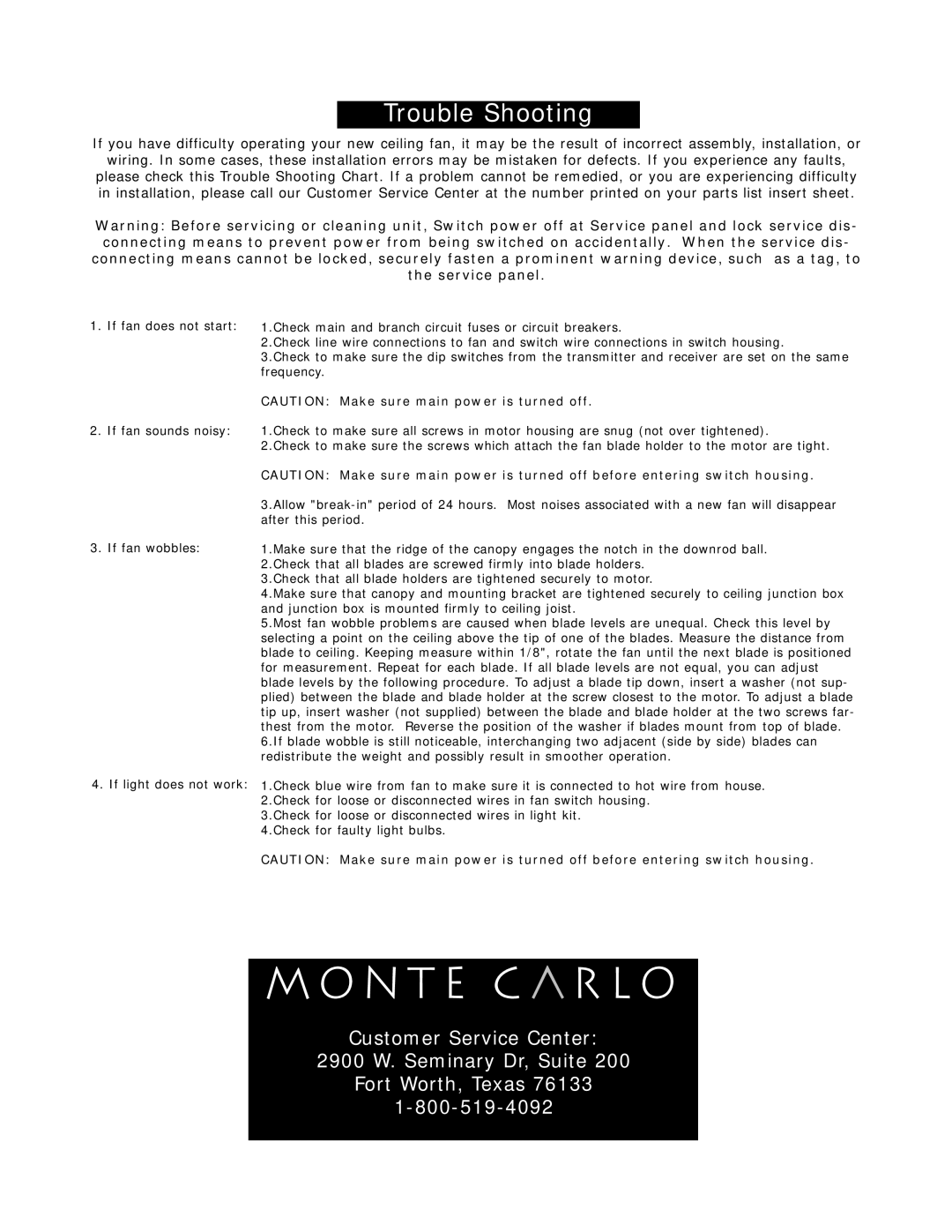 Monte Carlo Fan Company 5NCR56 owner manual Trouble Shooting 