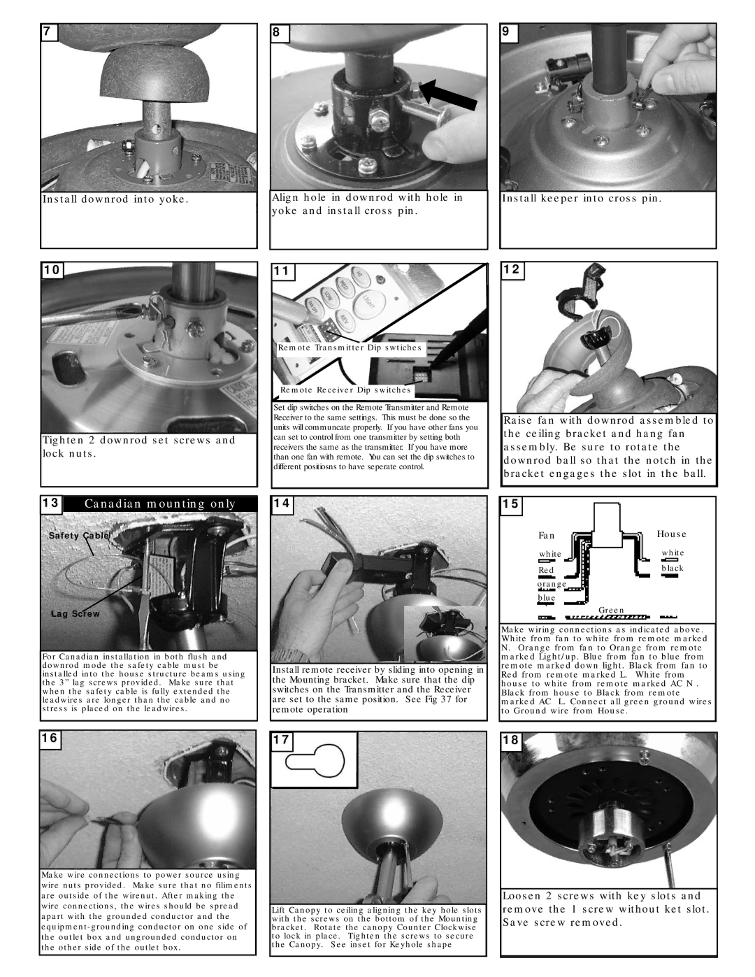 Monte Carlo Fan Company 5OBR52 owner manual Canadian mounting only, Install keeper into cross pin 