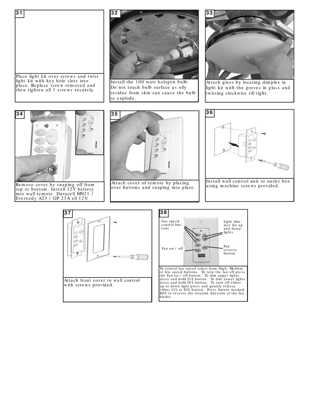 Monte Carlo Fan Company 5OBR52 owner manual Attach front cover to wall control with screws provided 