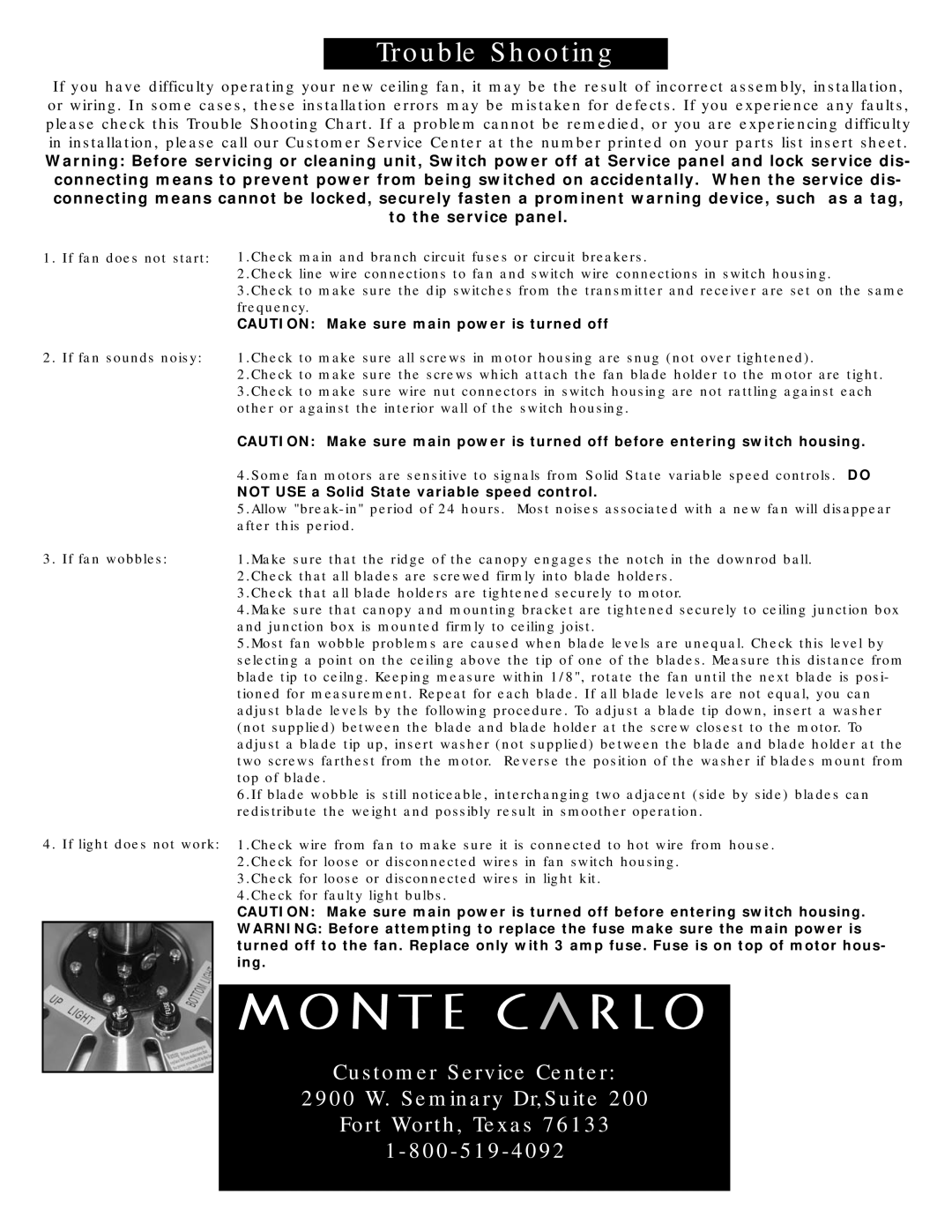 Monte Carlo Fan Company 5OBR52 owner manual Customer Service Center 2900 W. Seminary Dr,Suite 