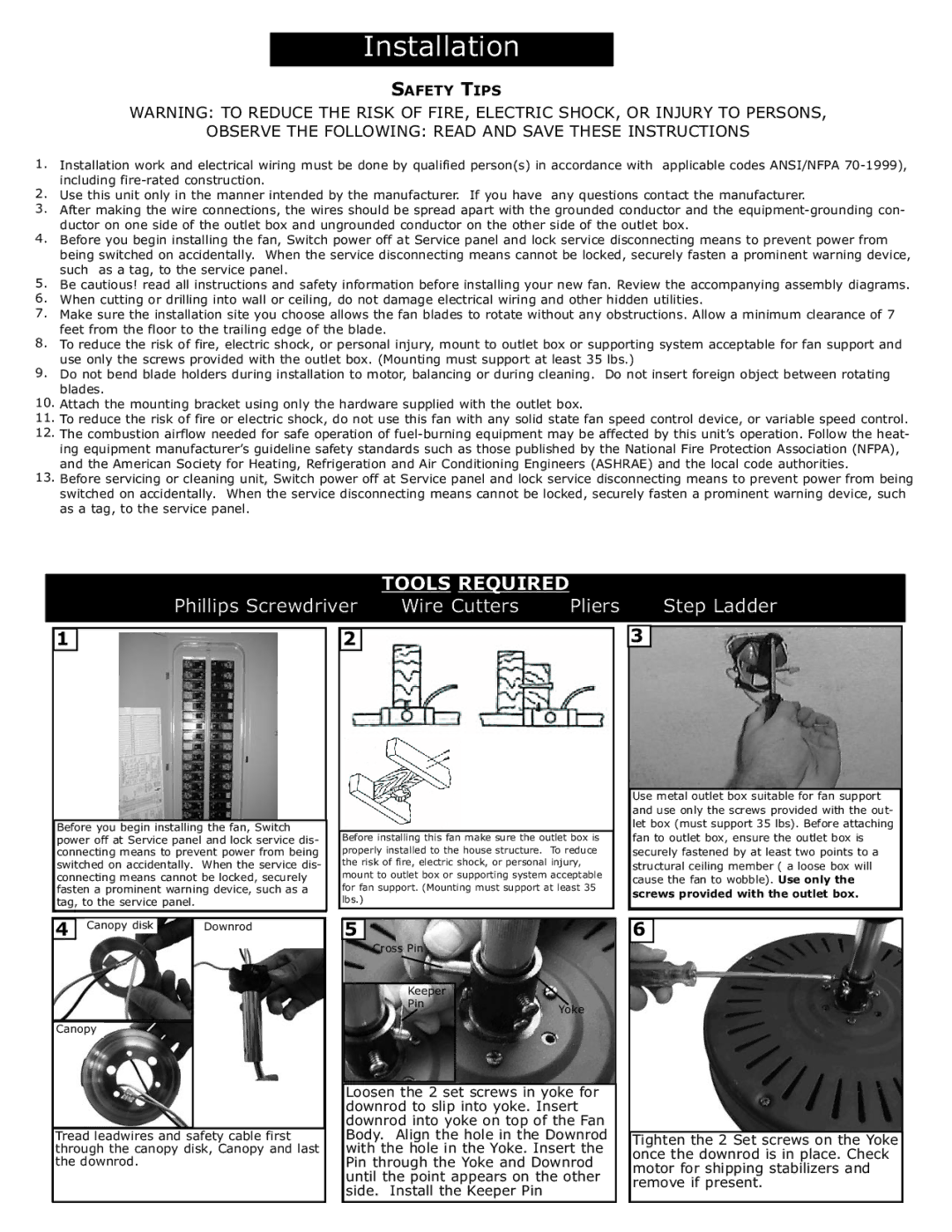 Monte Carlo Fan Company 5OR52XXD Such as a tag, to the service panel, Tread leadwires Safety cable first, Downrod 