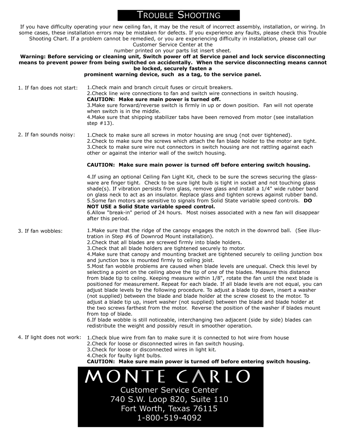 Monte Carlo Fan Company 5OR52XXD installation instructions Rouble Hooting, Not USE a Solid State variable speed control 