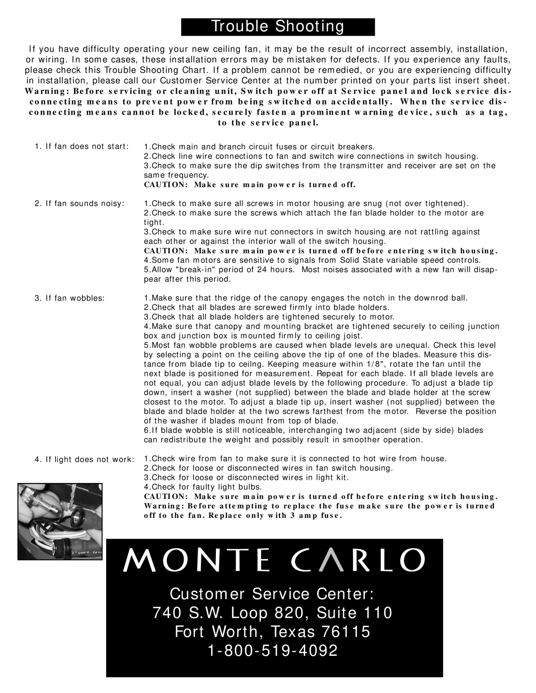 Monte Carlo Fan Company 5PAR52 owner manual Customer Service Center 740 S.W. Loop 820, Suite 