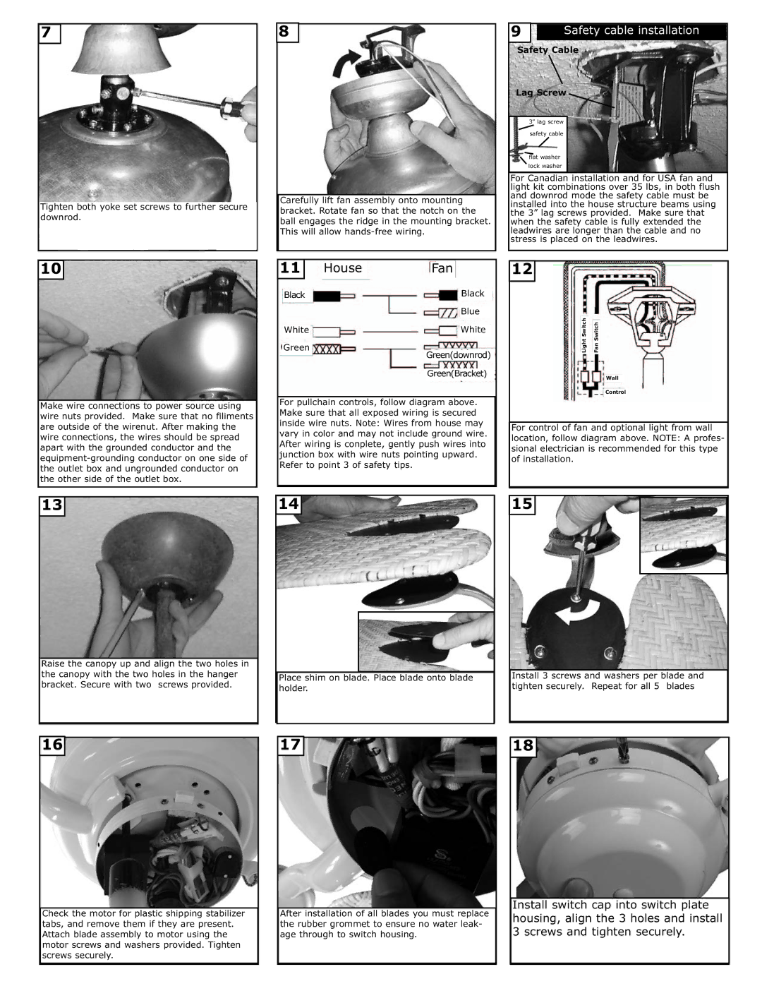 Monte Carlo Fan Company 5PE56 owner manual Black Blue White, Safety Cable Lag Screw 