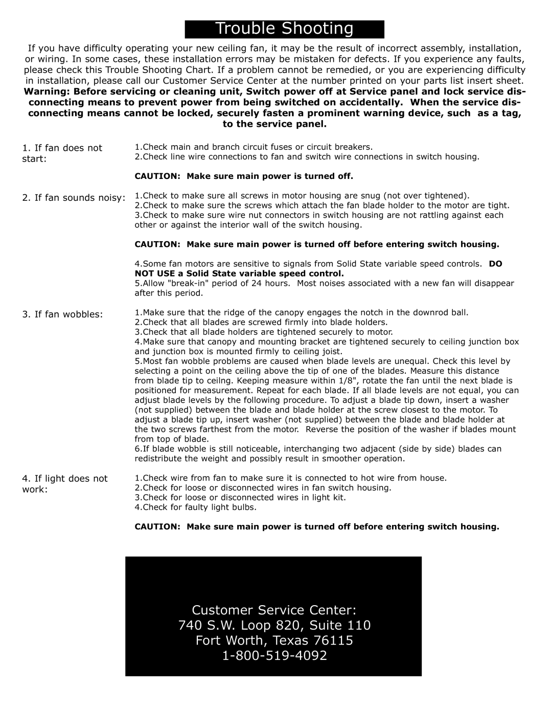 Monte Carlo Fan Company 5PE56 owner manual Not USE a Solid State variable speed control 