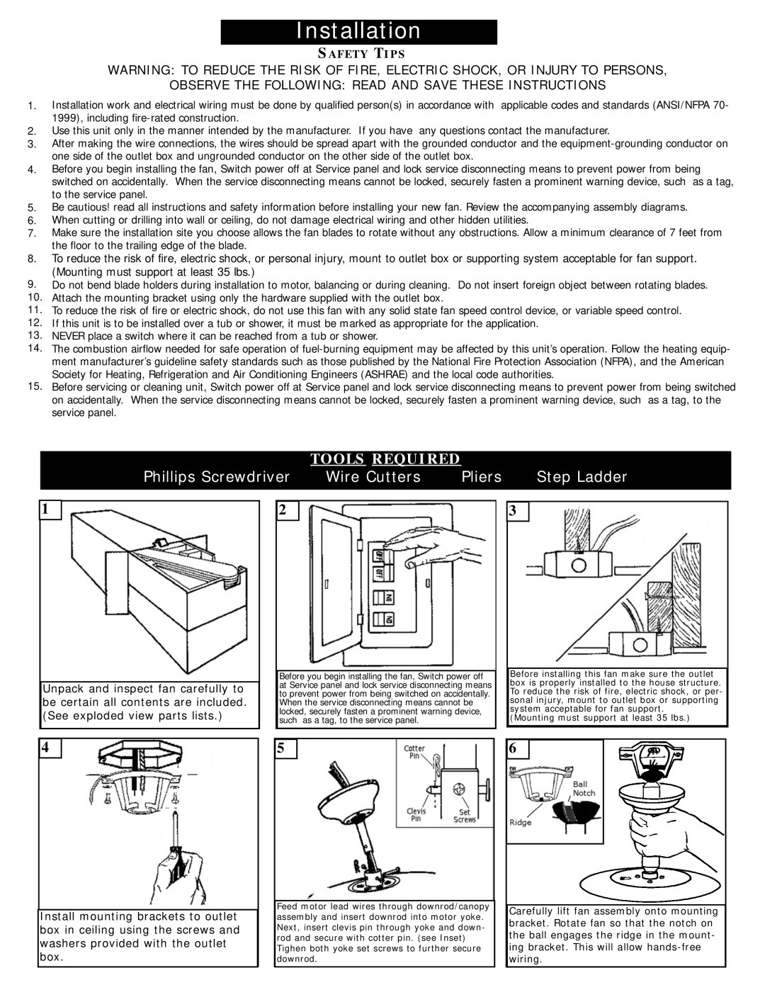 Monte Carlo Fan Company 5PR52 owner manual Mounting must support at least 35 lbs, Unpack and inspect fan carefully to, Box 