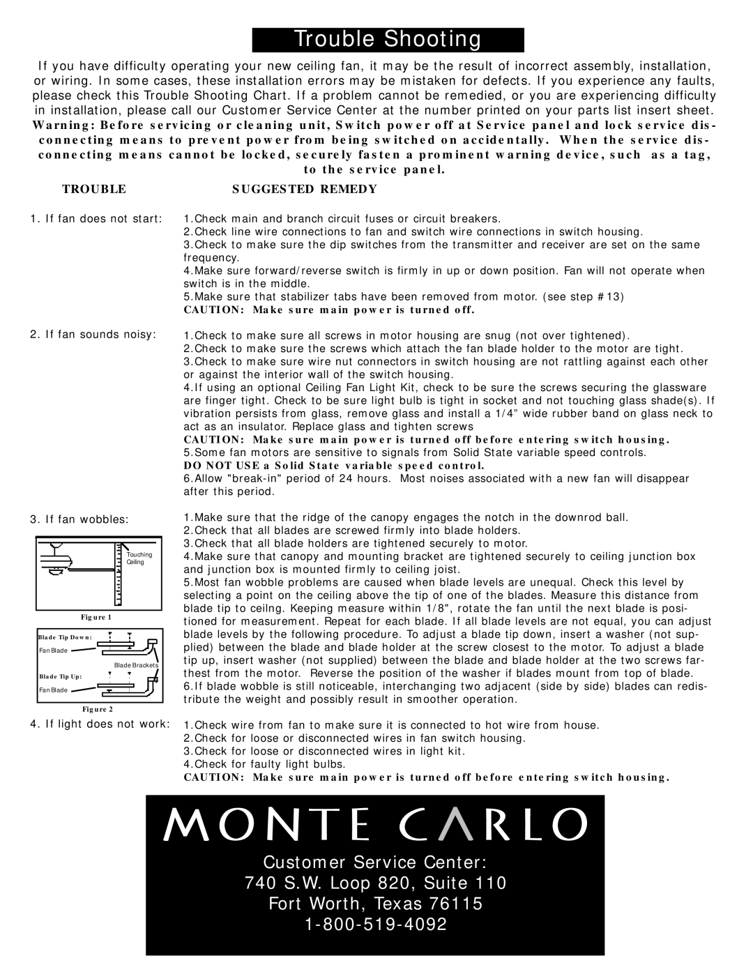 Monte Carlo Fan Company 5PR52 owner manual Suggested Remedy, If fan does not start If fan sounds noisy If fan wobbles 