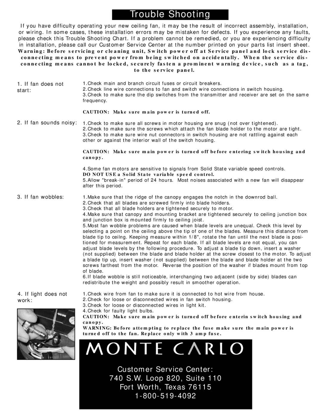 Monte Carlo Fan Company 5RDR owner manual Do not USE a Solid State variable speed control 