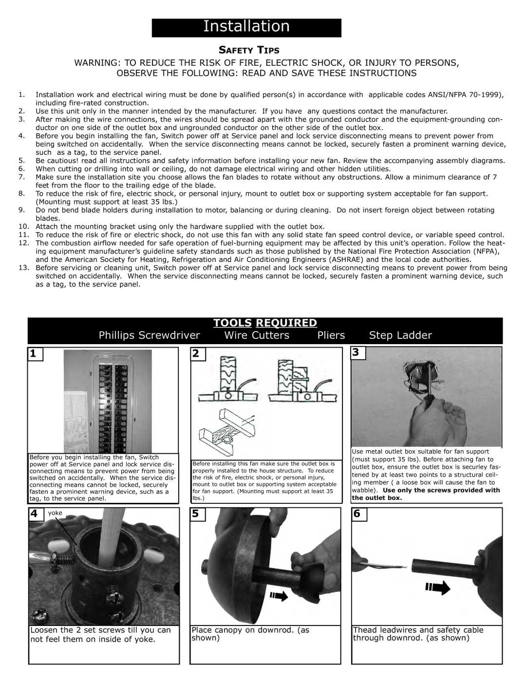 Monte Carlo Fan Company 5RH52 installation instructions Such as a tag, to the service panel 