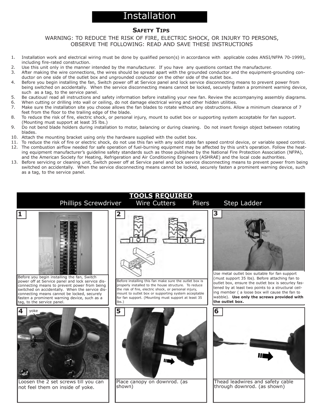 Monte Carlo Fan Company 5RH52 installation instructions Phillips Screwdriver, Wire Cutters, 3Step Ladder, Pliers 