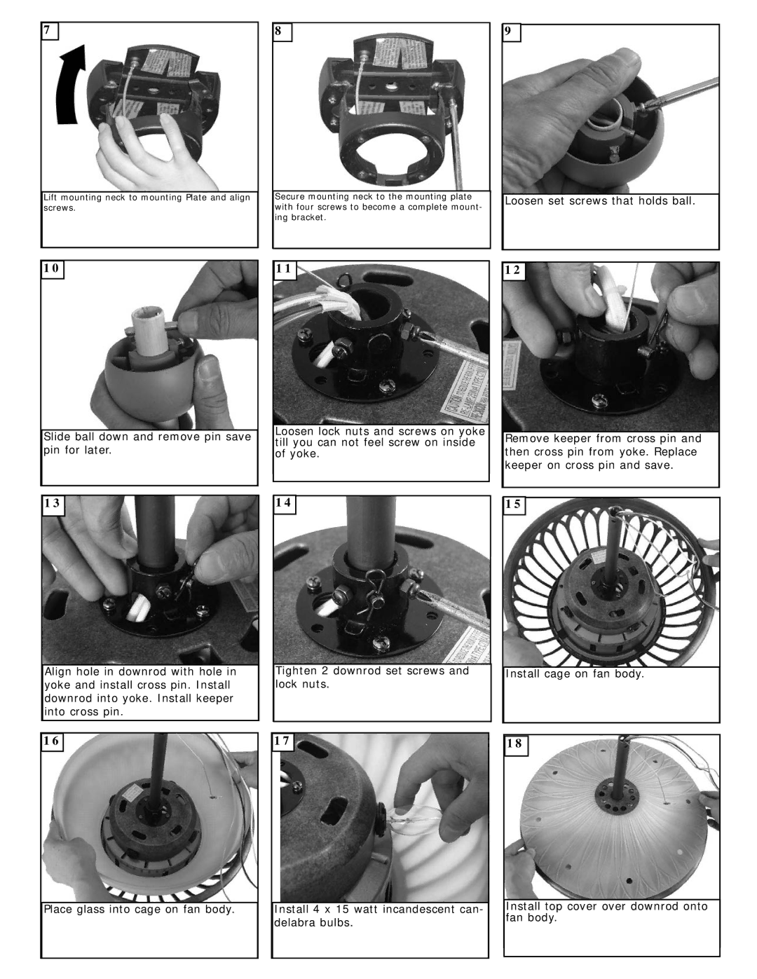 Monte Carlo Fan Company 5SCR60BR3 owner manual Loosen set screws that holds ball 