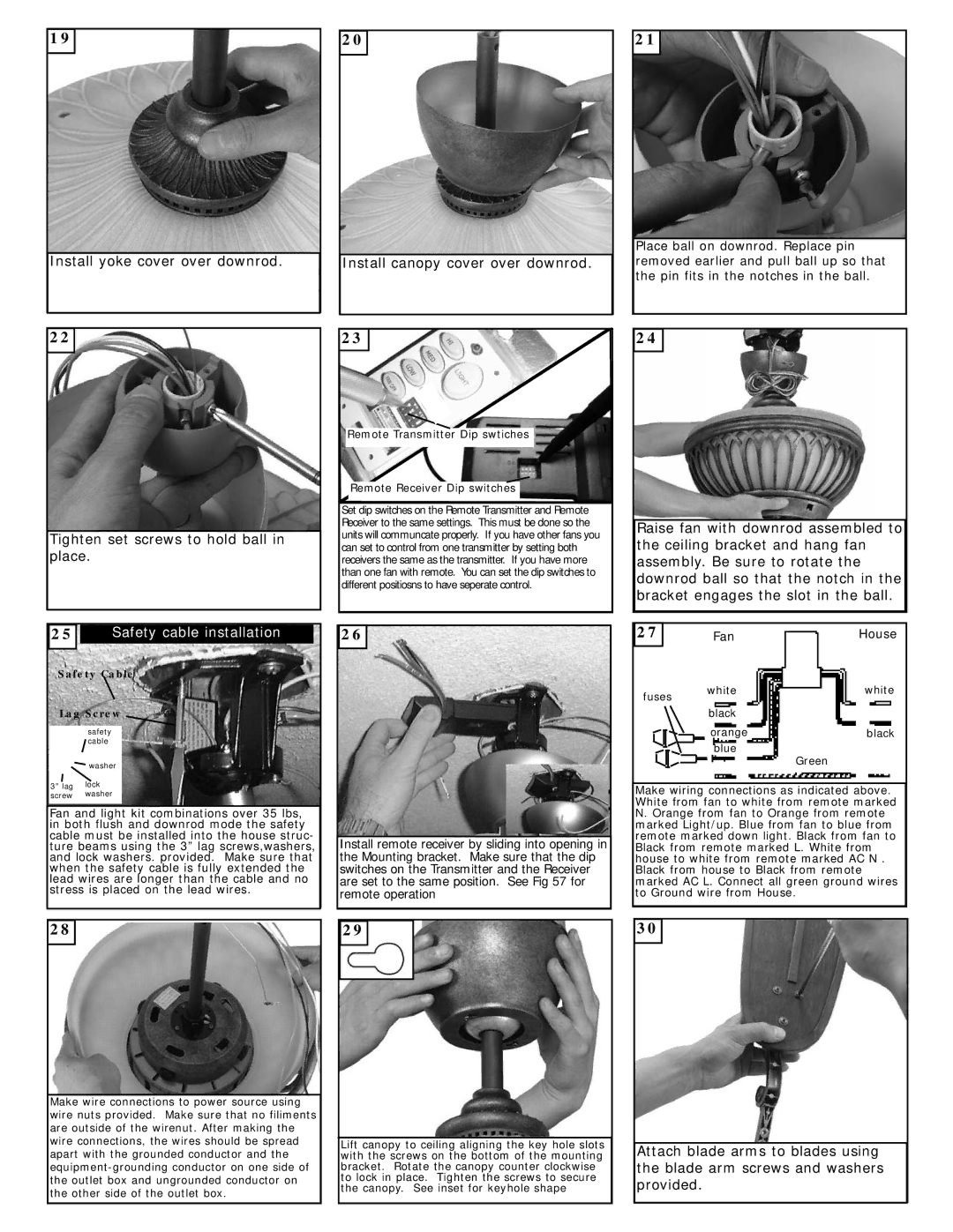 Monte Carlo Fan Company 5SCR60BR3 owner manual Safety cable installation 