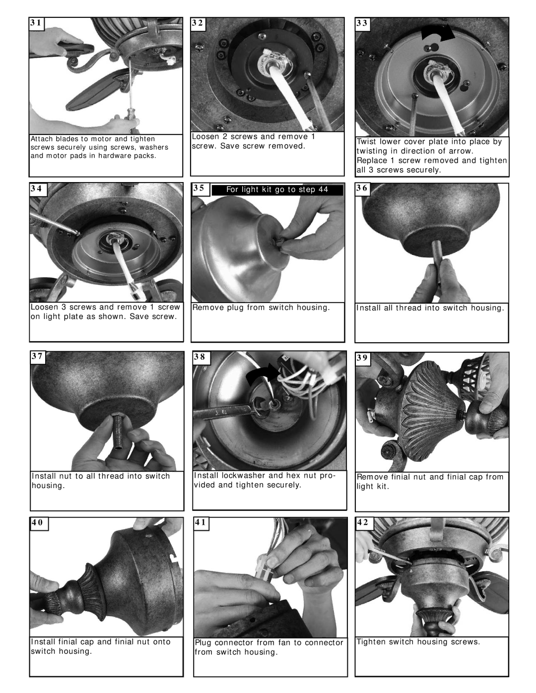 Monte Carlo Fan Company 5SCR60BR3 owner manual For light kit go to step 