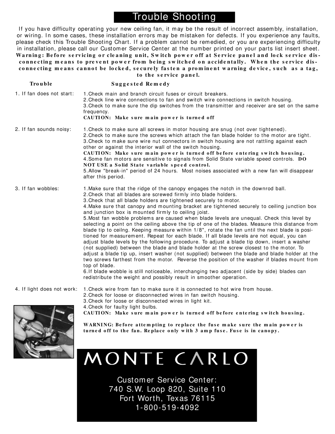 Monte Carlo Fan Company 5SCR60BR3 owner manual Customer Service Center 740 S.W. Loop 820, Suite, Suggested Remedy 