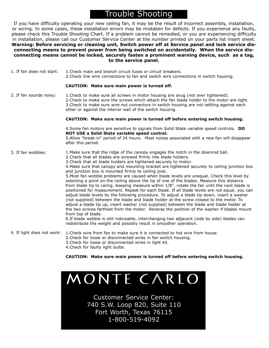 Monte Carlo Fan Company 5SI owner manual Not USE a Solid State variable speed control 