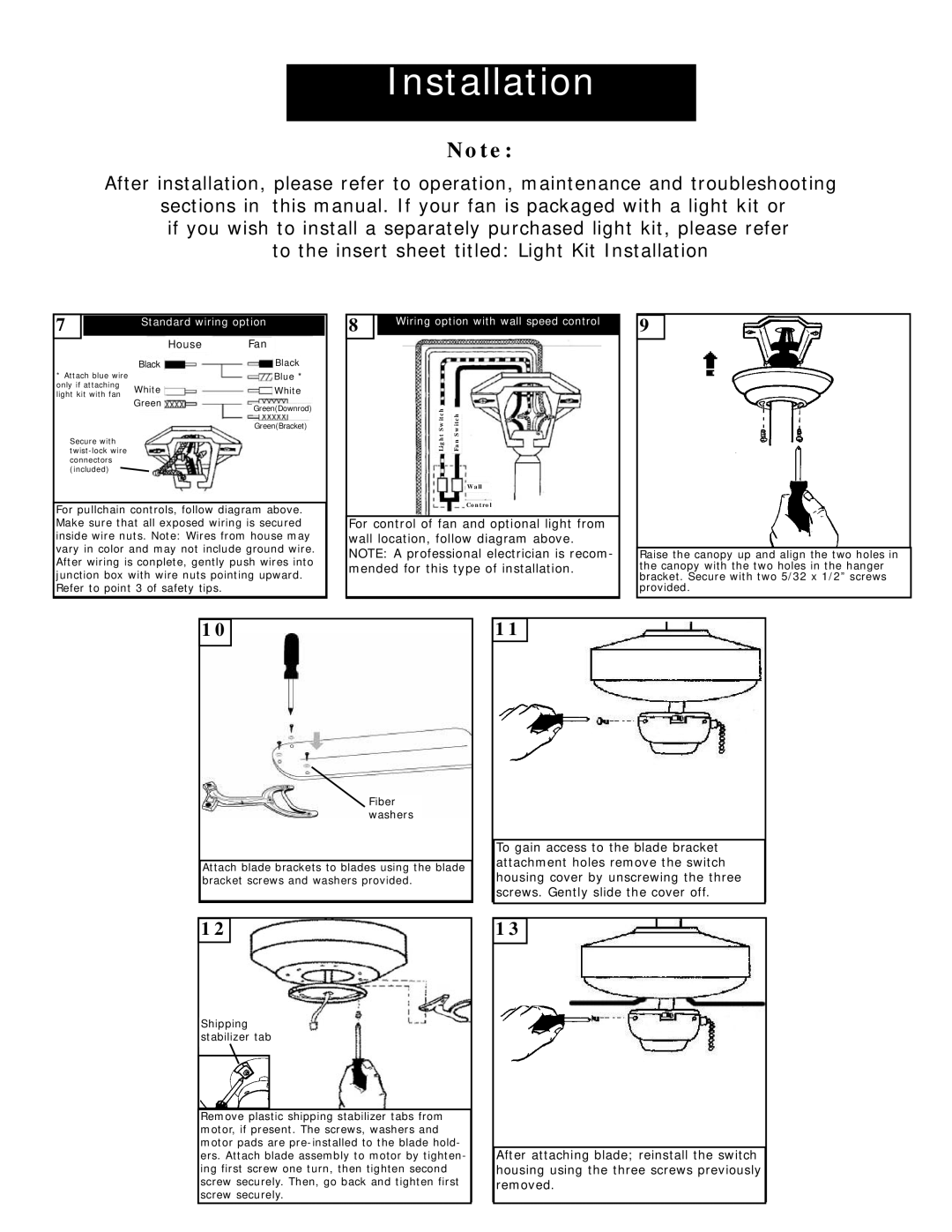 Monte Carlo Fan Company 5SO52 owner manual For control of fan and optional light from 