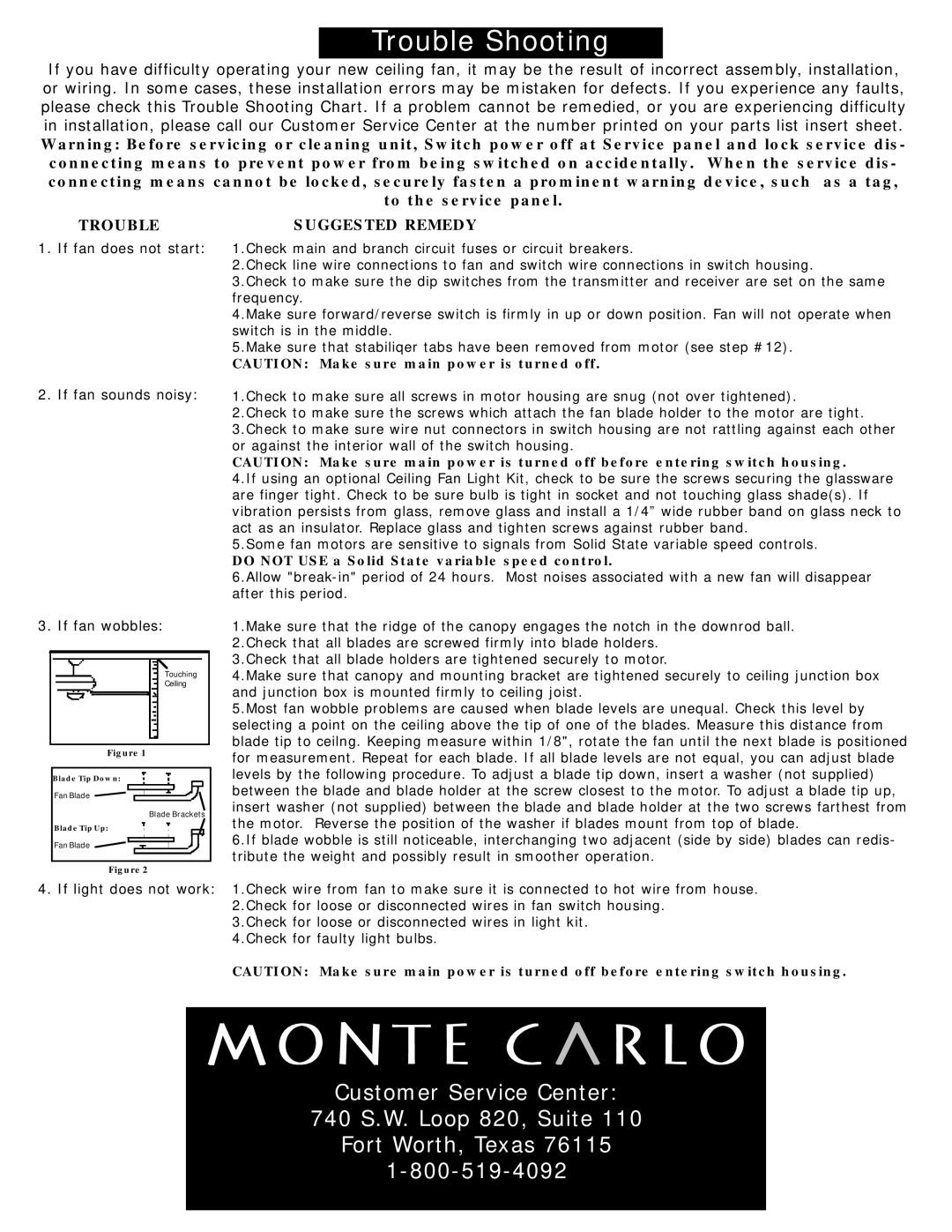 Monte Carlo Fan Company 5SO52 owner manual Junction box is mounted firmly to ceiling joist, Check for faulty light bulbs 