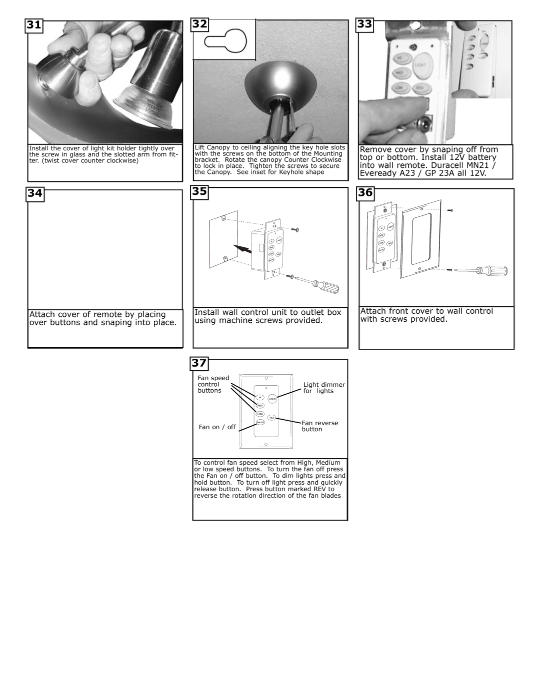 Monte Carlo Fan Company 5STR52 owner manual Fan speed, Control, Buttons For lights Fan on / off Fan reverse 