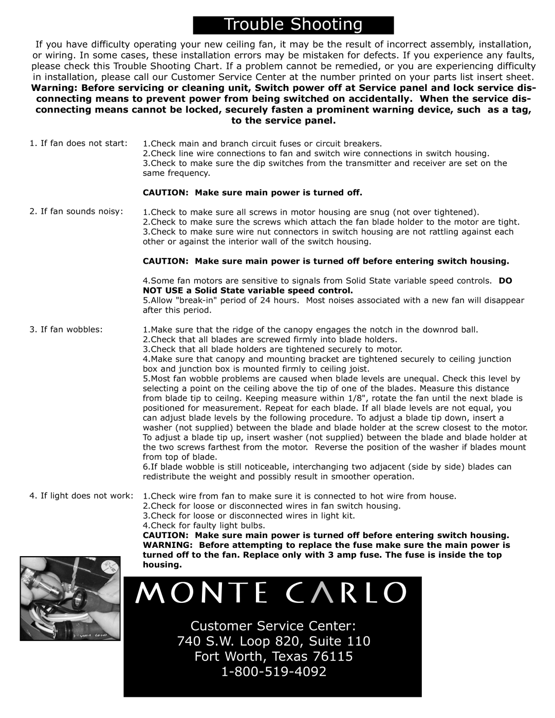 Monte Carlo Fan Company 5STR52 owner manual Customer Service Center 740 S.W. Loop 820, Suite 