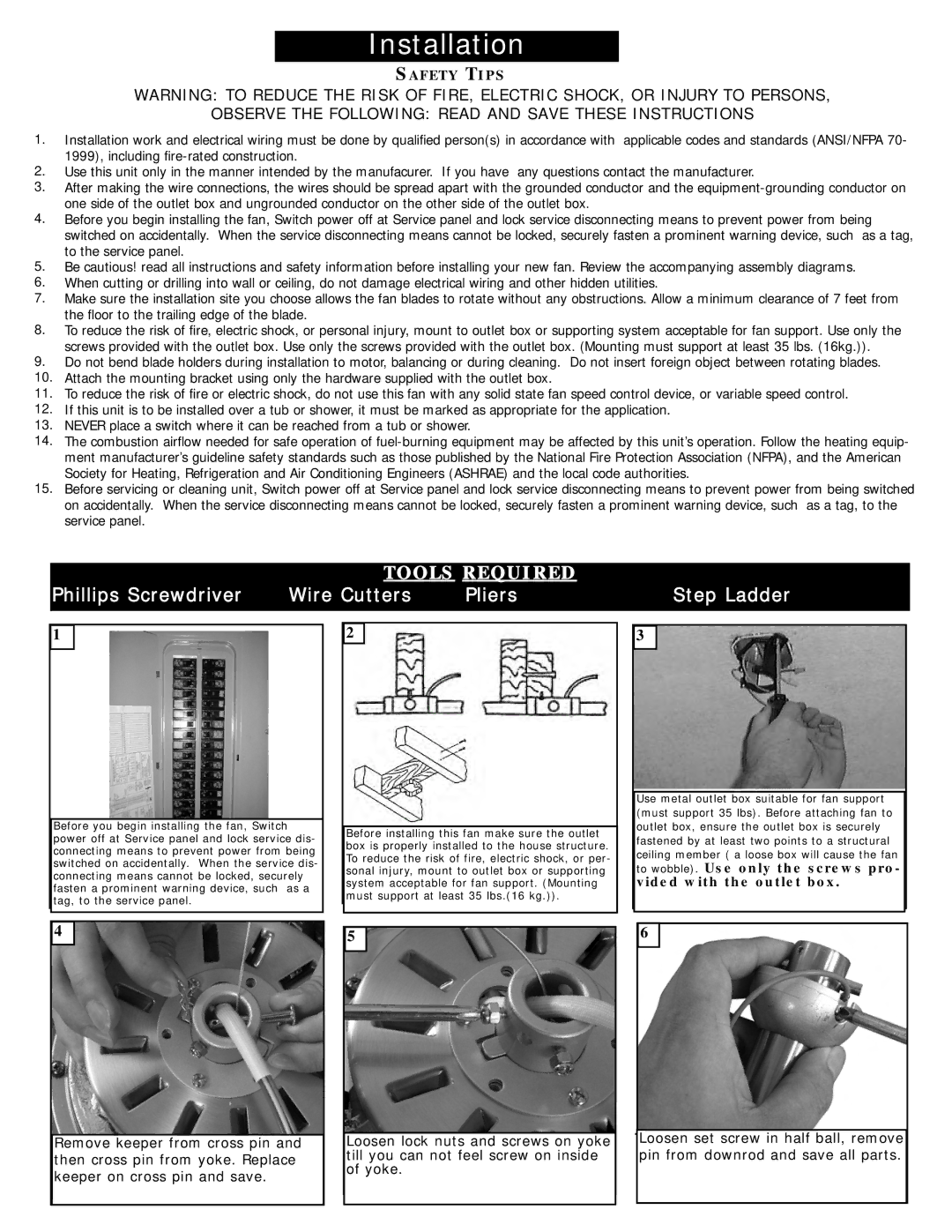 Monte Carlo Fan Company 5SWR54XXD Series owner manual Observe the Following Read and Save These Instructions 