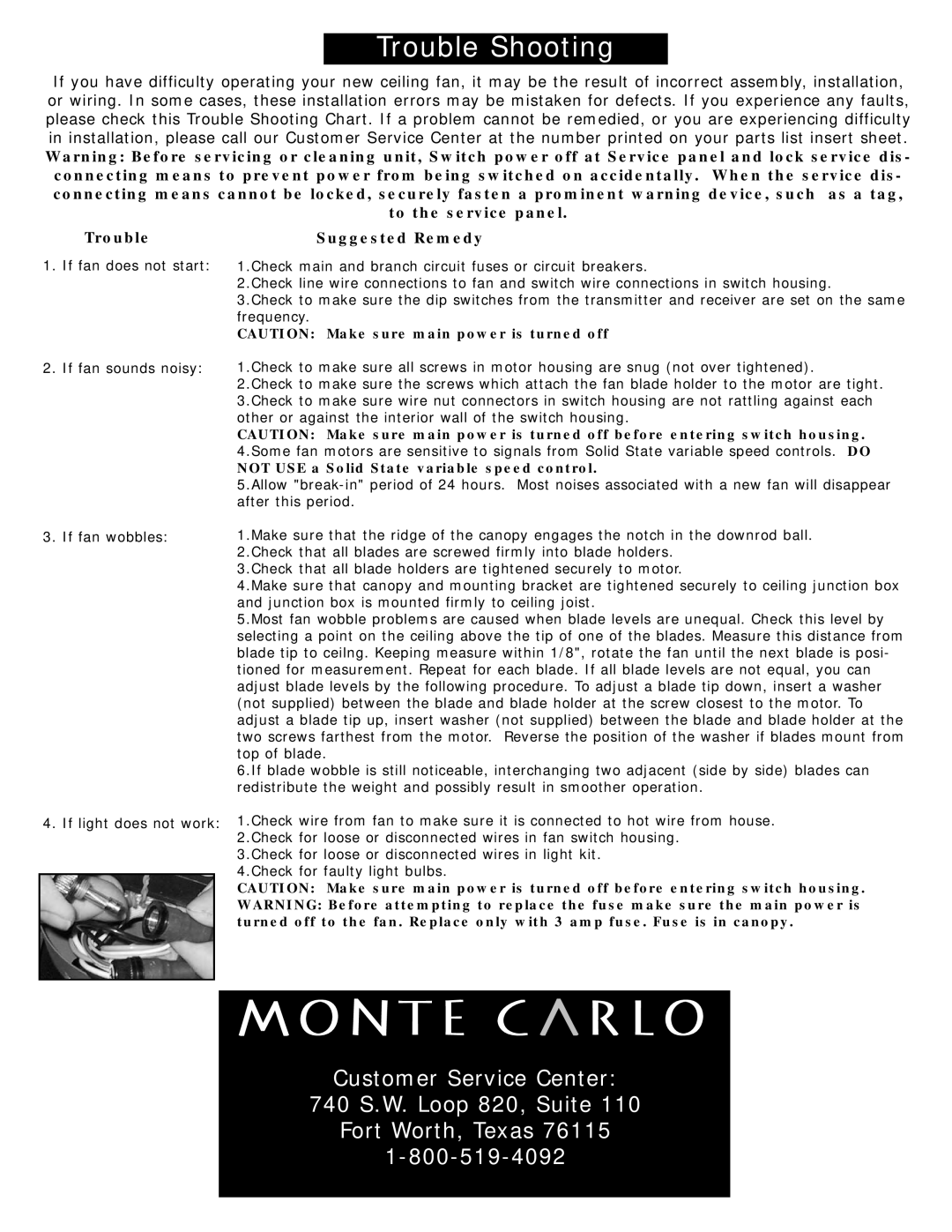 Monte Carlo Fan Company 5SWR54XXD Series owner manual CAUTION Make sure main power is turned off, Suggested Remedy 