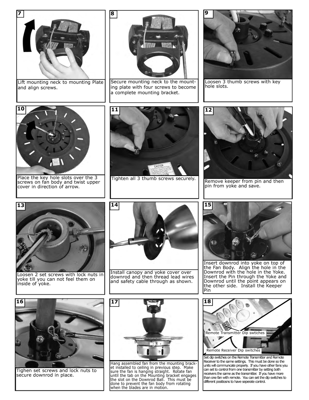 Monte Carlo Fan Company 5VYR56XXD Secure mounting neck to the mount Align screws, Tighen set screws and lock nuts to 