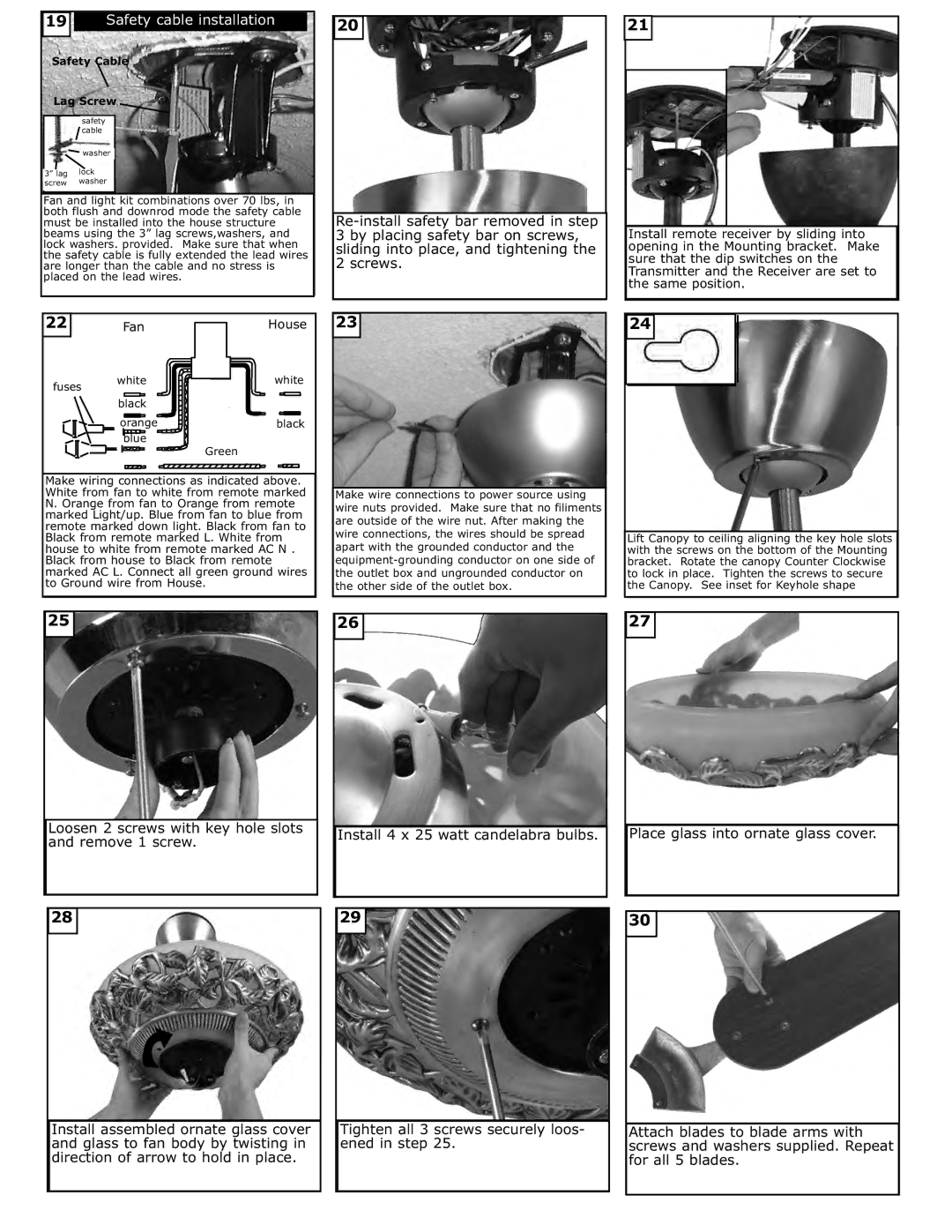 Monte Carlo Fan Company 5VYR56XXD Safety cable installation, Loosen 2 screws with key hole slots and remove 1 screw 