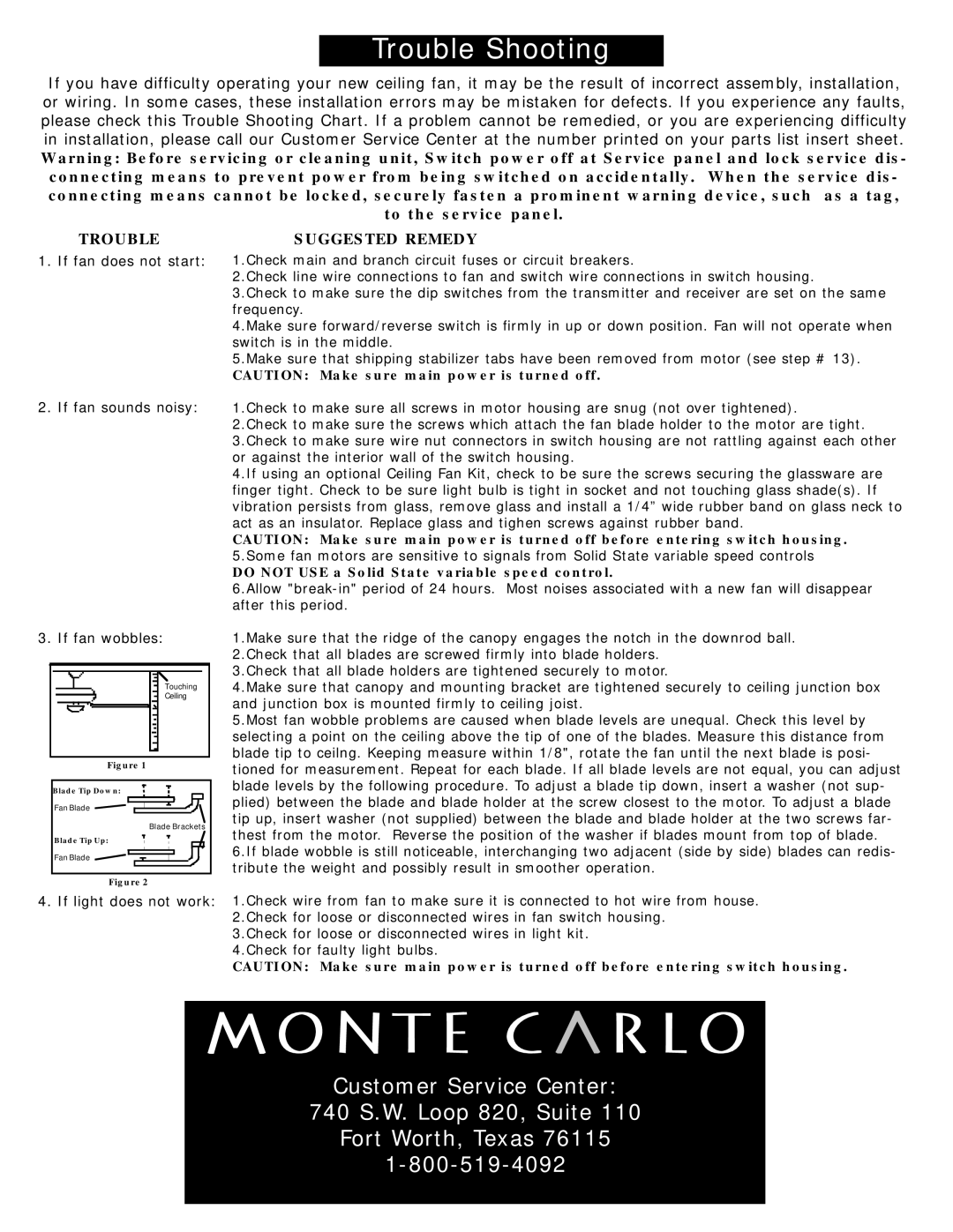 Monte Carlo Fan Company 5WA52 Series owner manual Customer Service Center 740 S.W. Loop 820, Suite 