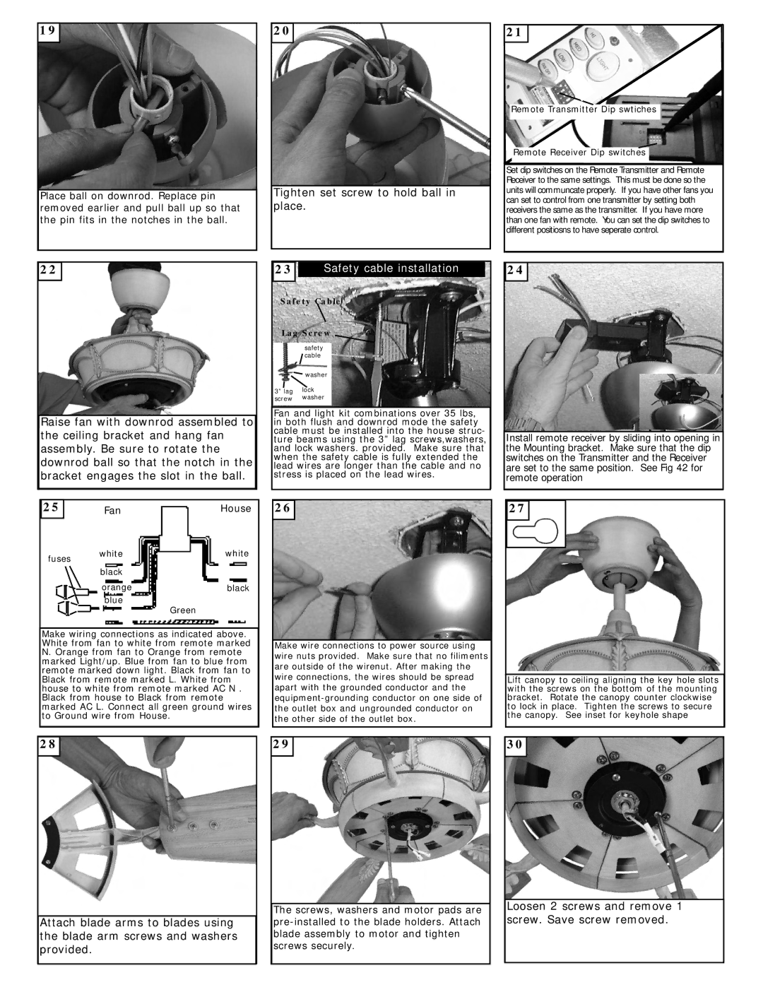 Monte Carlo Fan Company 5WCR56XXD owner manual Safety cable installation 