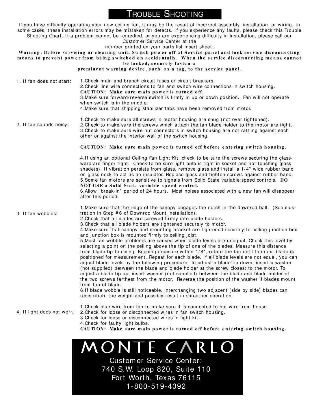 Monte Carlo Fan Company 5WF52XXD installation instructions Rouble Hooting, Customer Service Center 740 S.W. Loop 820, Suite 