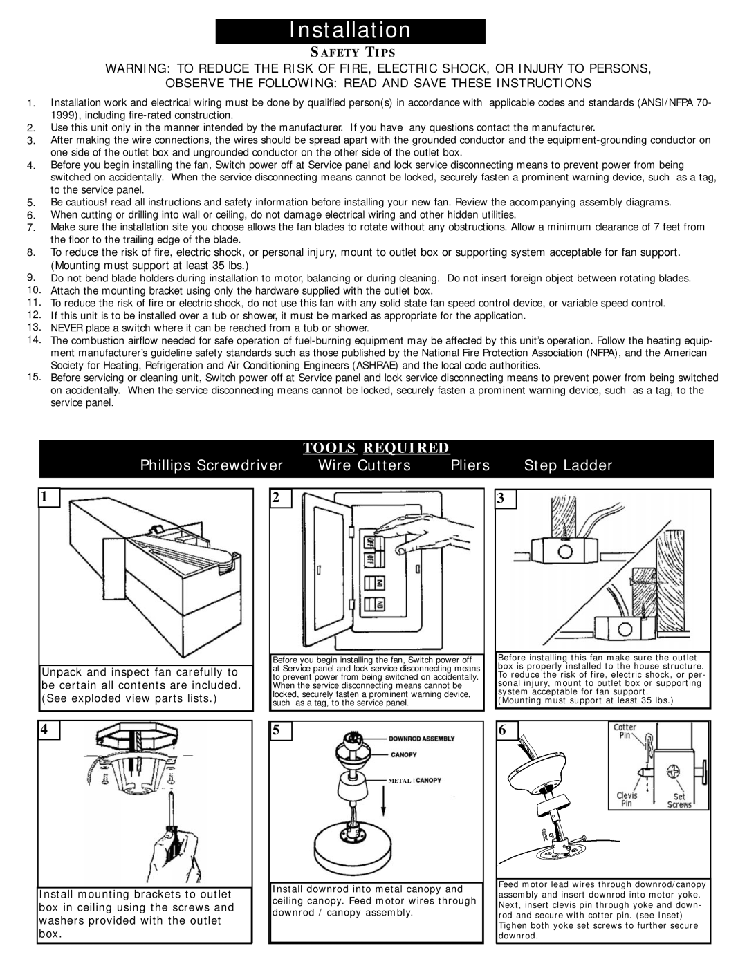 Monte Carlo Fan Company 5WFXX owner manual Mounting must support at least 35 lbs, Unpack and inspect fan carefully to, Box 