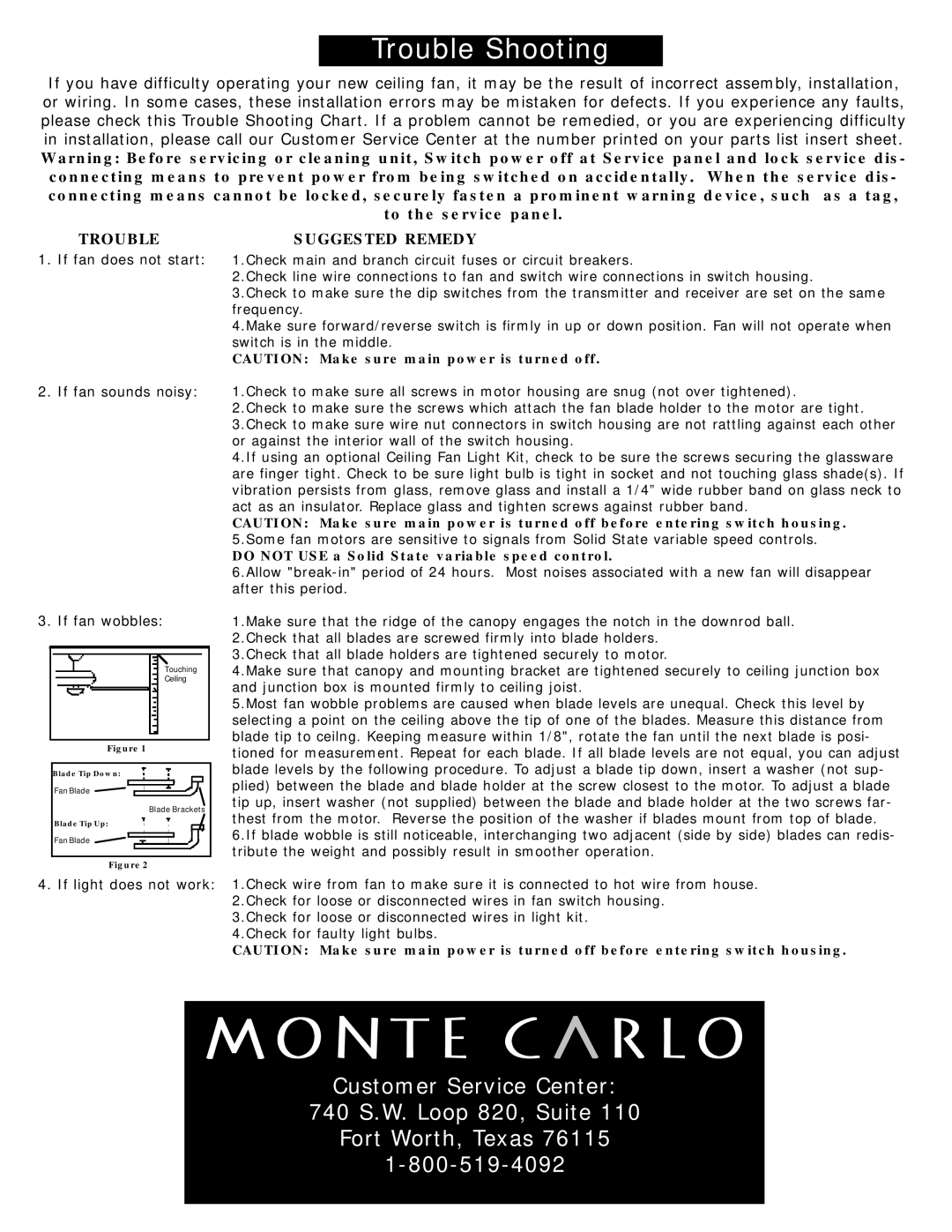 Monte Carlo Fan Company 5WFXX owner manual Trouble 