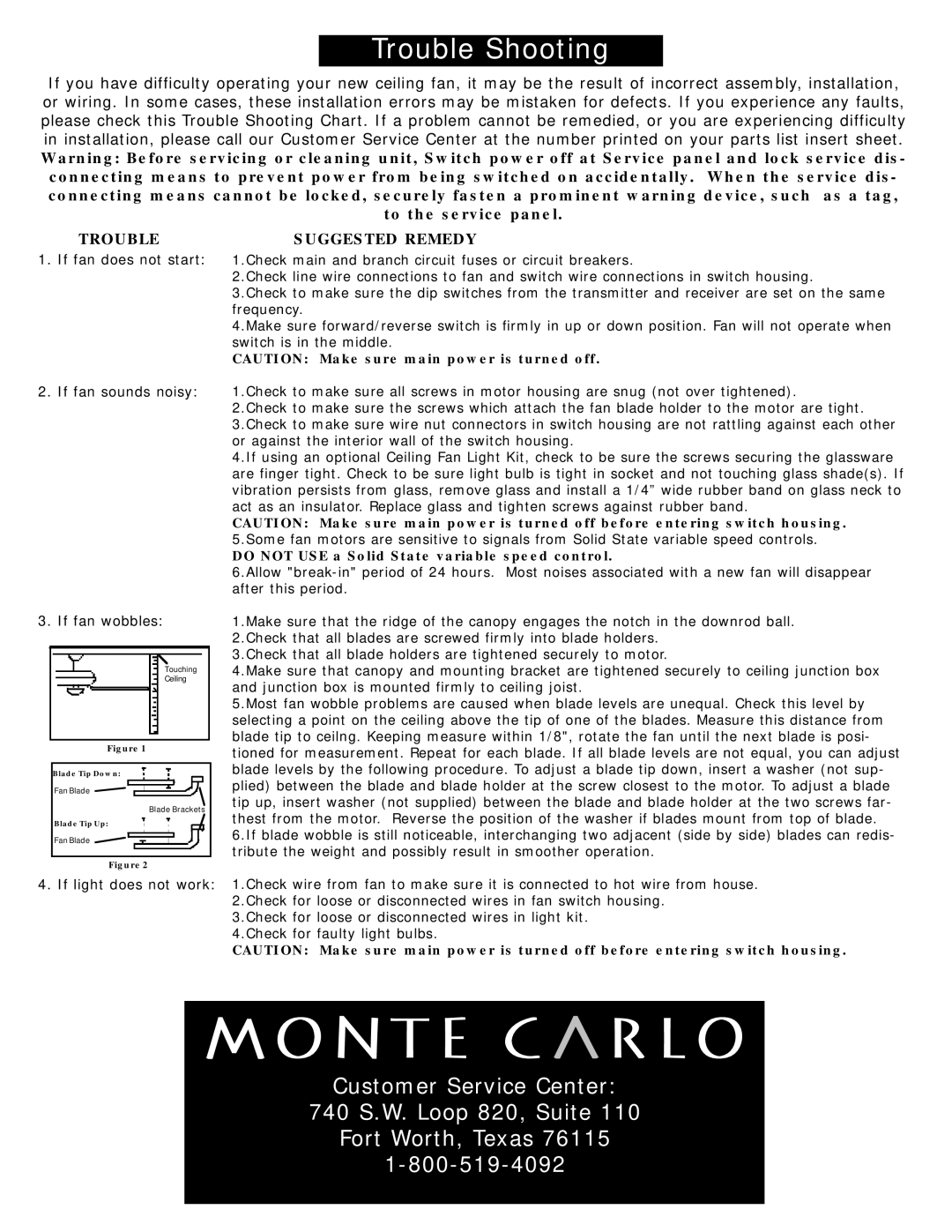 Monte Carlo Fan Company 5WFXX owner manual Customer Service Center 740 S.W. Loop 820, Suite 