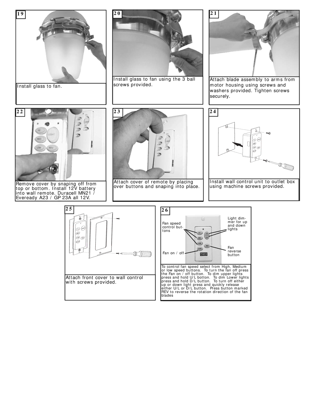 Monte Carlo Fan Company 8ATR44 owner manual Attach front cover to wall control, With screws provided 