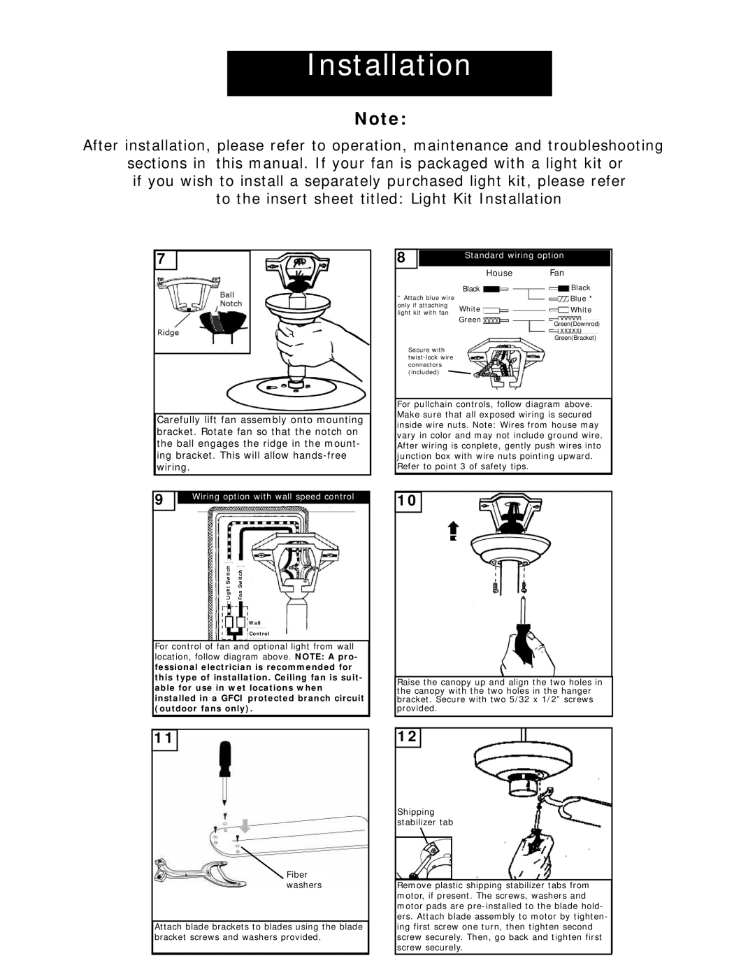 Monte Carlo Fan Company Ceiling Fans owner manual Standard wiring option 