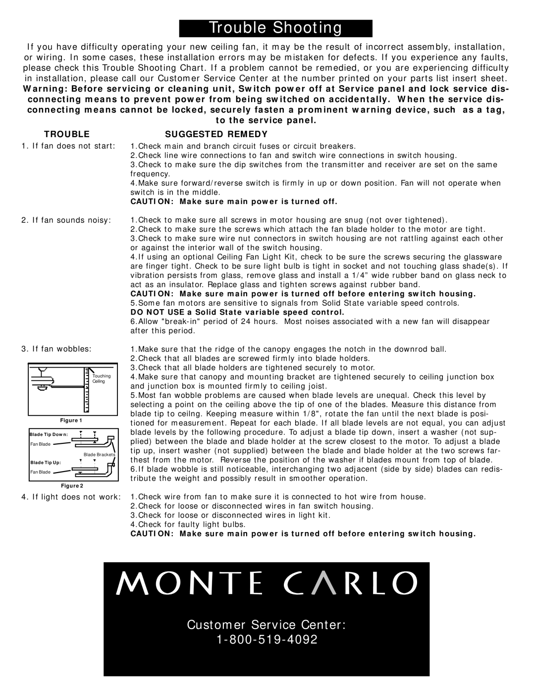 Monte Carlo Fan Company Ceiling Fans owner manual Suggested Remedy, If fan sounds noisy If fan wobbles 