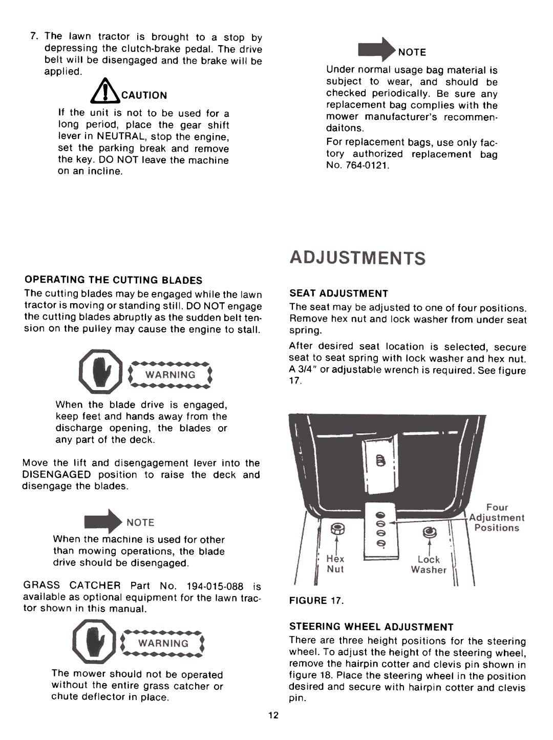 Montgomery Ward TMO-33986C, TMO-33902A manual Operating the Cutting Blades, Seat Adjustment 