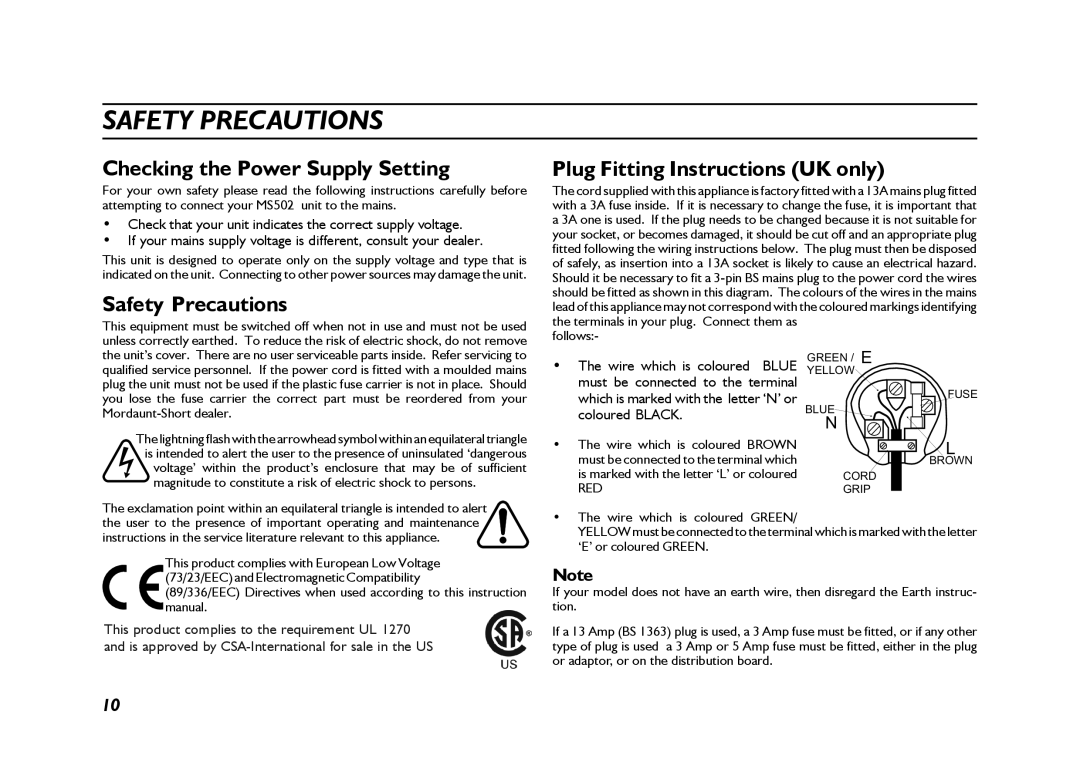 Mordaunt-Short 500 Series THX Safety Precautions, Checking the Power Supply Setting, Plug Fitting Instructions UK only 