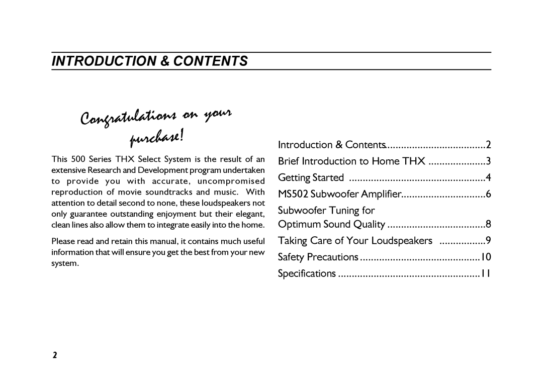 Mordaunt-Short 500 Series THX owner manual Purchase, Introduction & Contents 