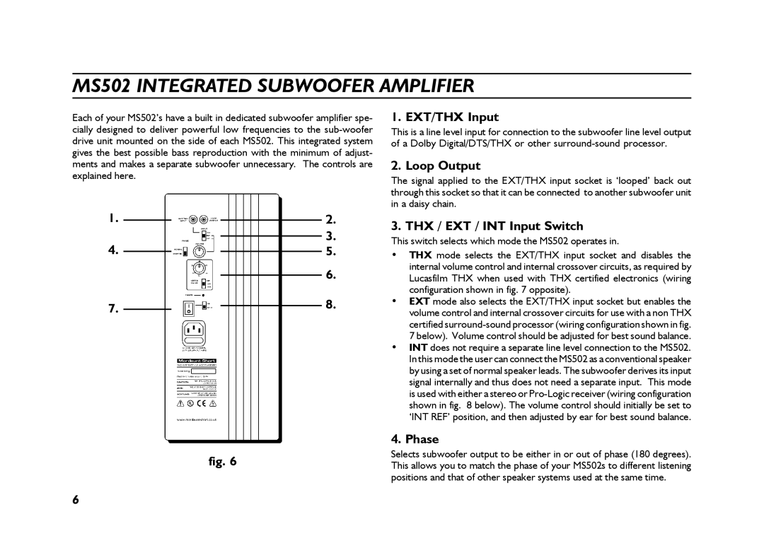 Mordaunt-Short 500 Series THX owner manual MS502 Integrated Subwoofer Amplifier, EXT/THX Input, Loop Output, Phase 