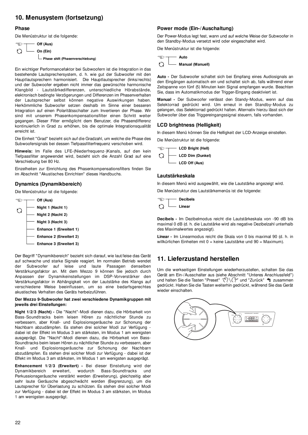 Mordaunt-Short 9 manual Menusystem fortsetzung, Lieferzustand herstellen 