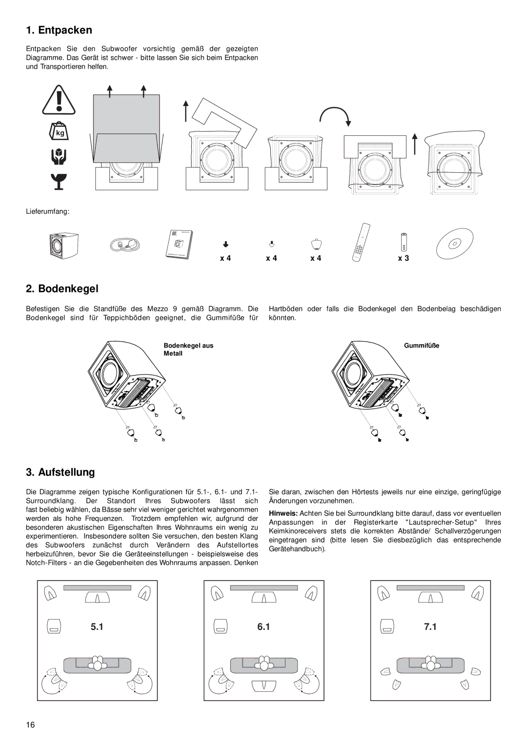 Mordaunt-Short 9 manual Entpacken, Bodenkegel, Aufstellung 