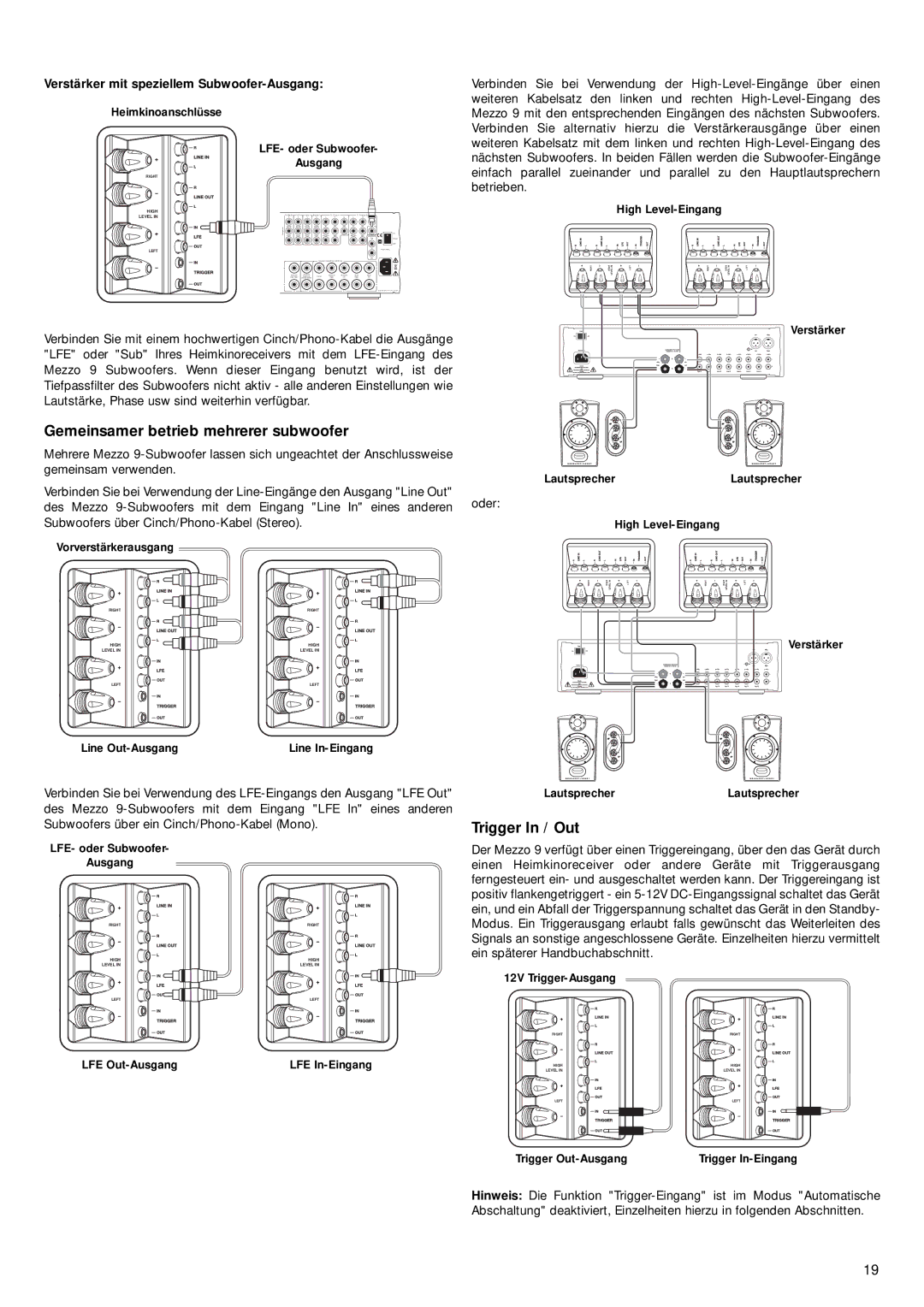 Mordaunt-Short 9 manual Gemeinsamer betrieb mehrerer subwoofer, Trigger In / Out 