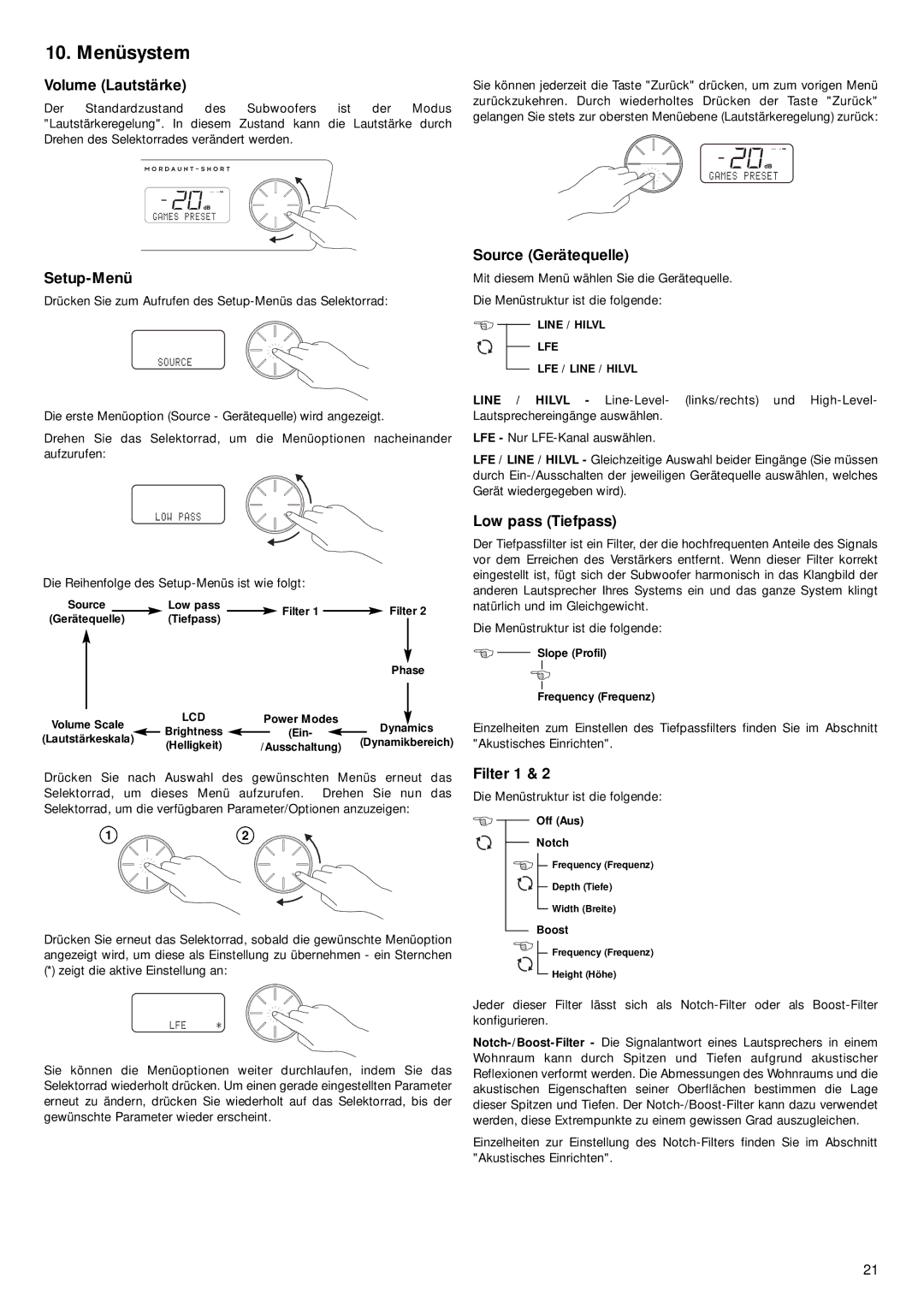 Mordaunt-Short 9 manual Menüsystem, Volume Lautstärke, Setup-Menü, Low pass Tiefpass, Filter 1 