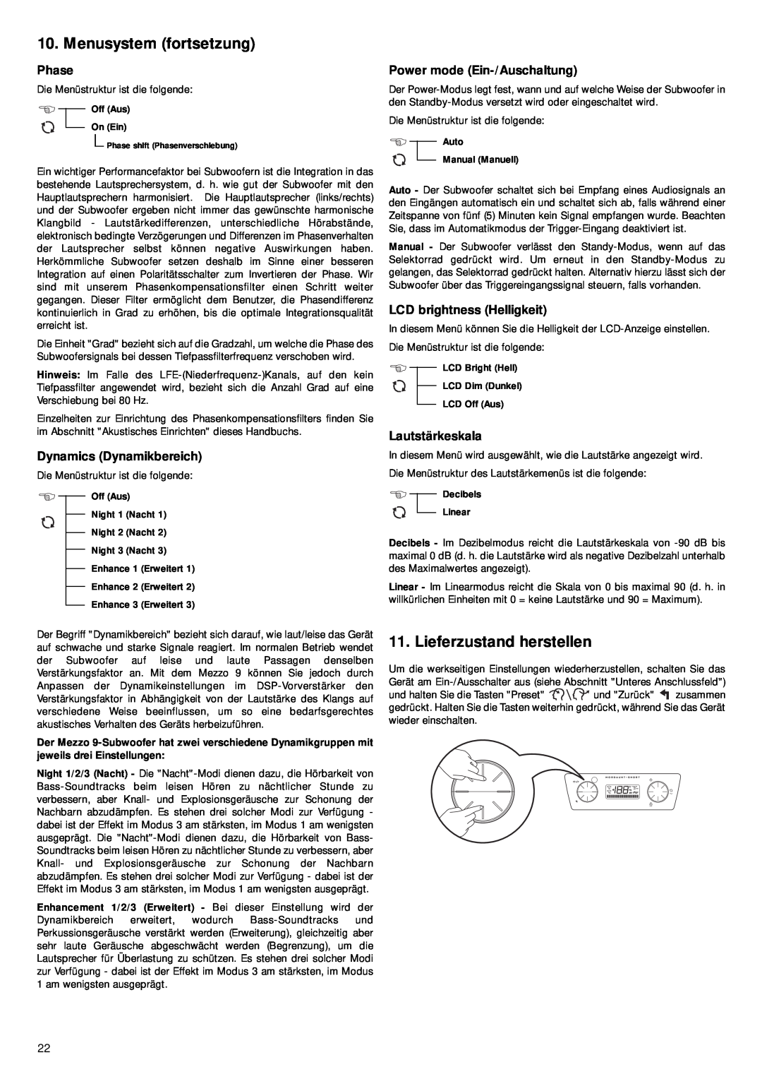 Mordaunt-Short 9 manual Menusystem fortsetzung, Lieferzustand herstellen, Phase, Dynamics Dynamikbereich, Lautstärkeskala 