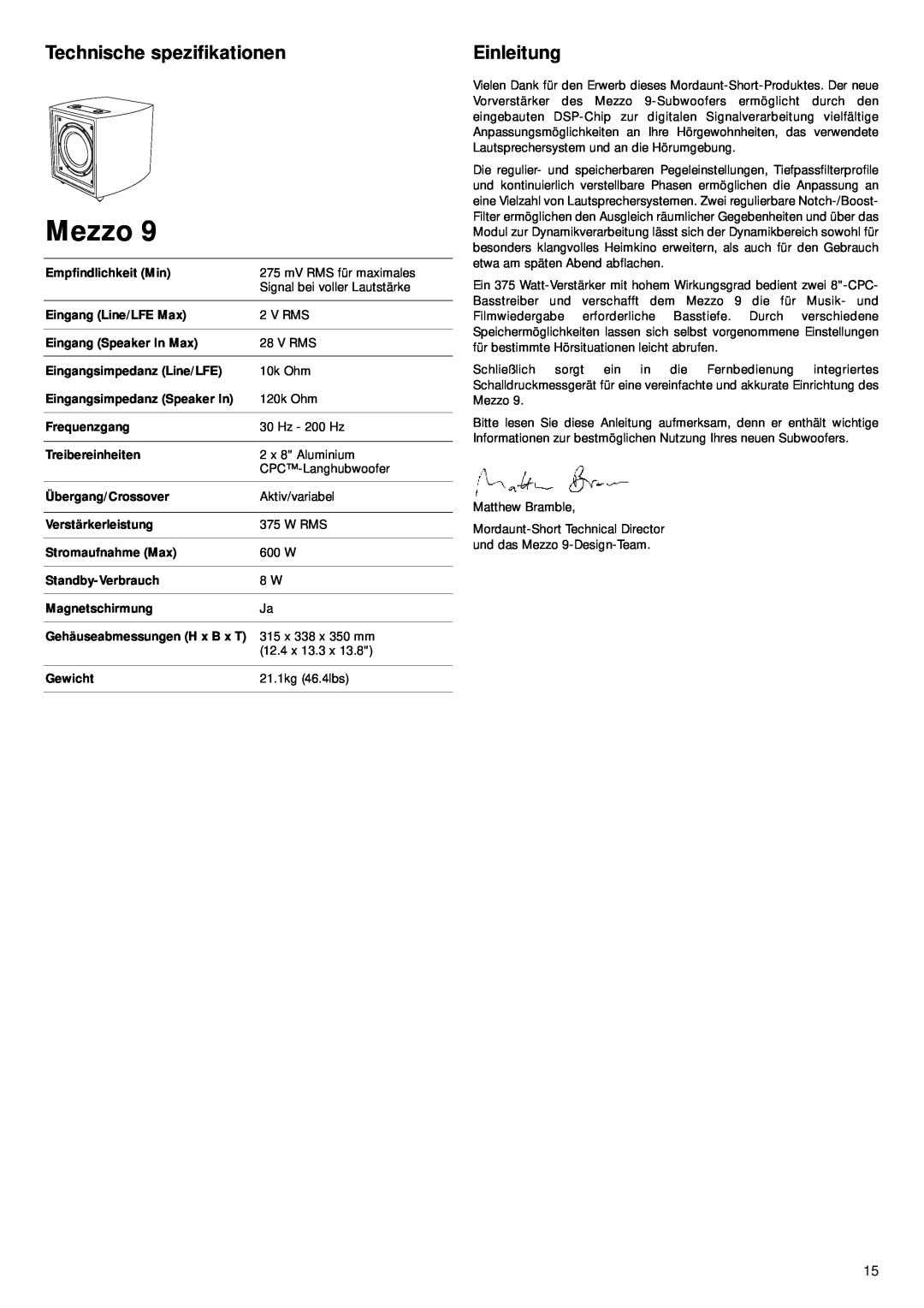 Mordaunt-Short 9 manual Technische spezifikationen, Einleitung, Mezzo 