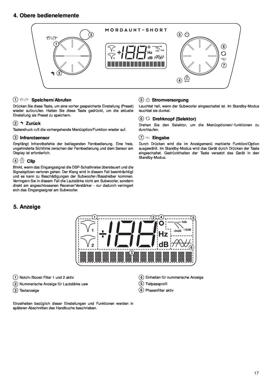Mordaunt-Short 9 manual Obere bedienelemente, Anzeige, Speichern/Abrufen, 2 Zurück, 3Infrarotsensor, 4Clip, Stromversorgung 