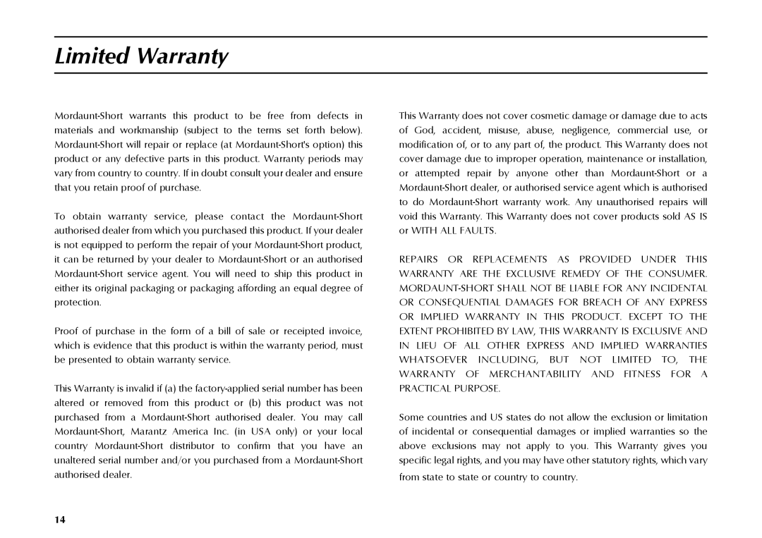 Mordaunt-Short MS309W owner manual Limited Warranty 