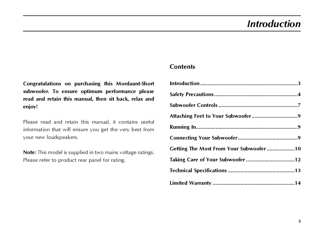 Mordaunt-Short MS309W owner manual Introduction, Contents 