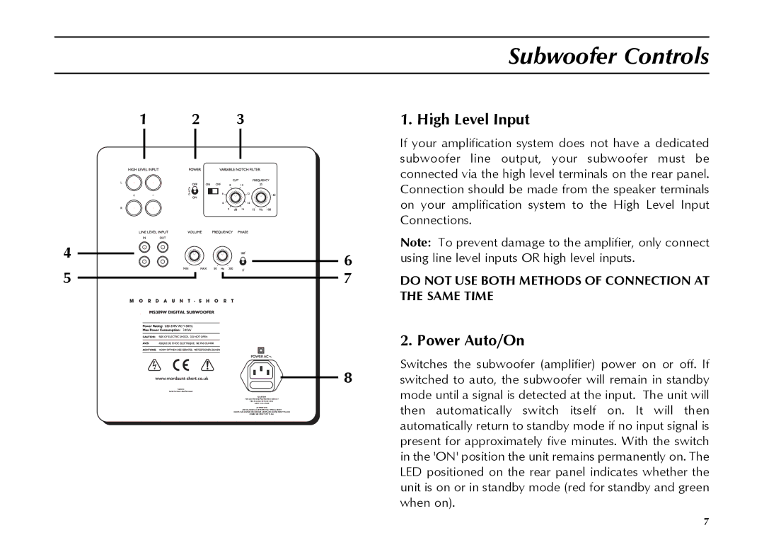 Mordaunt-Short MS309W owner manual Subwoofer Controls, High Level Input, Power Auto/On 